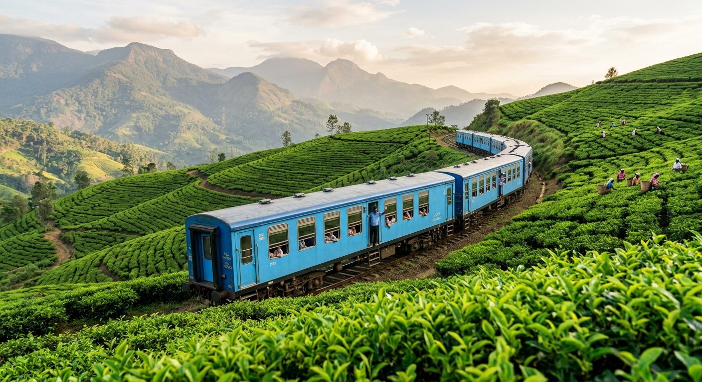 Train bleu du Sri Lanka traversant les plantations de thé des hautes terres, montagnes brumeuses en arrière-plan
