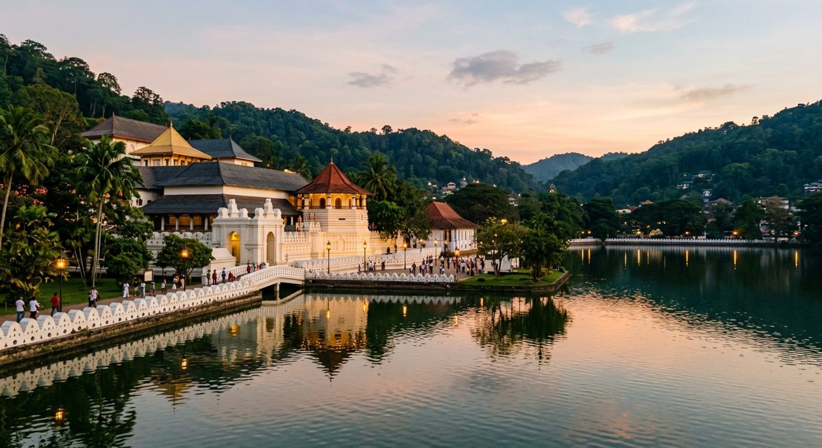 Le Temple de la Dent de Kandy au bord du lac au crépuscule