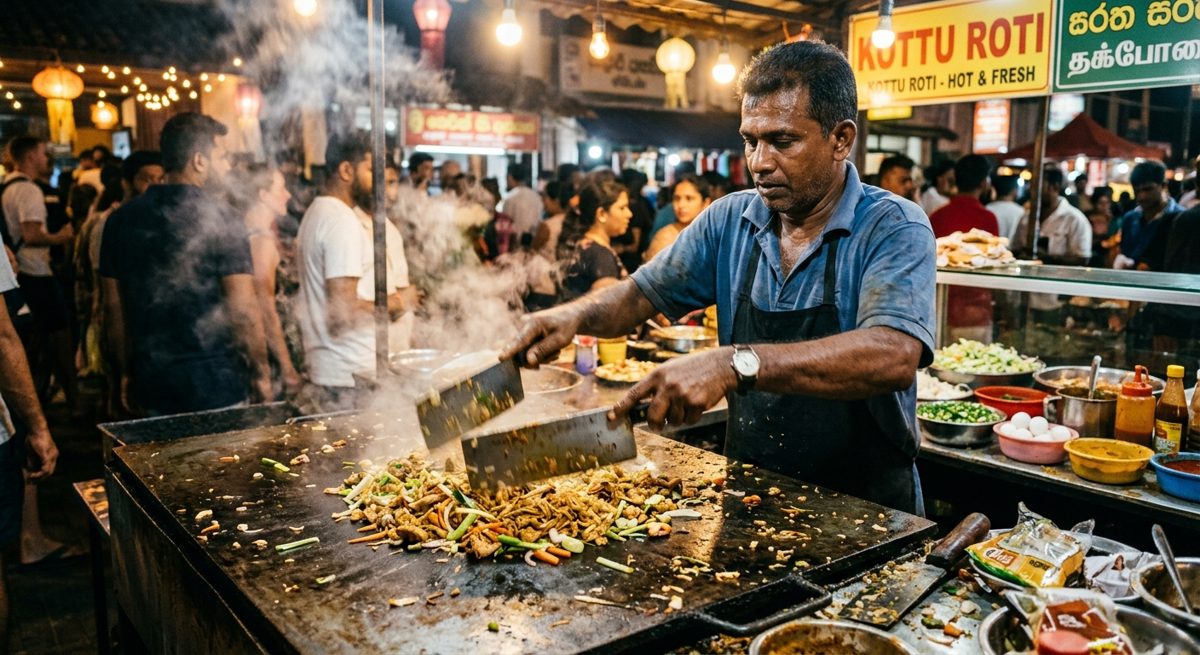 Préparation du kottu roti sur une plaque dans une échoppe de street food