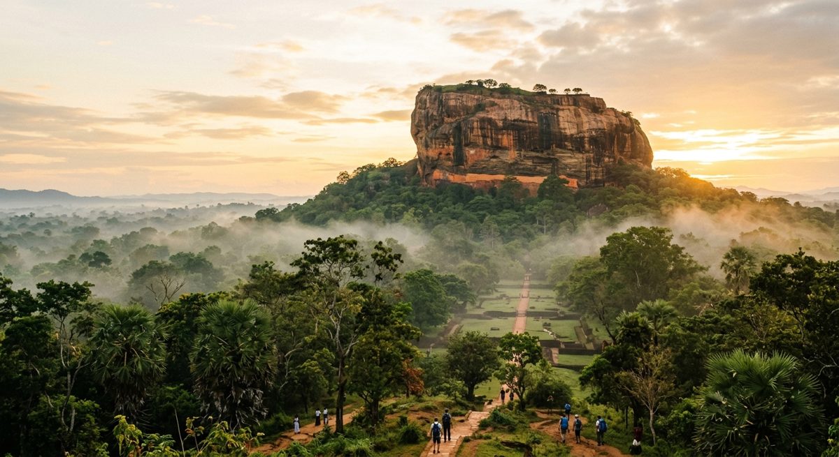 Le rocher-forteresse de Sigiriya dominant la jungle au lever du soleil
