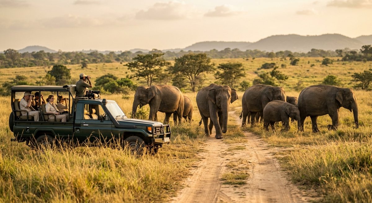 Jeep de safari observant des éléphants sauvages au Sri Lanka