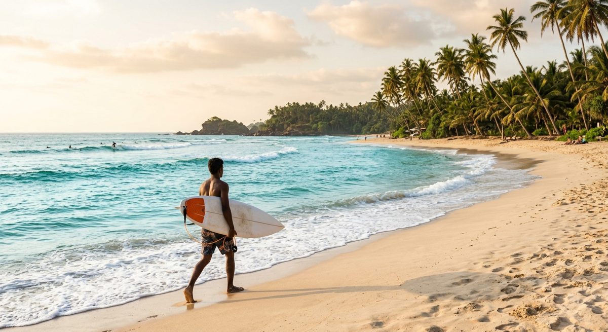 Plage du sud du Sri Lanka aux eaux turquoise avec cocotiers et un surfeur