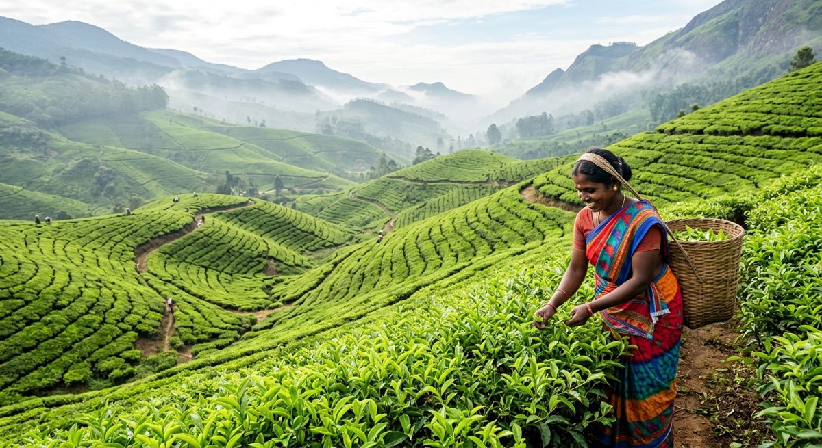 Collines de plantations de thé en terrasses avec une cueilleuse, hautes terres du Sri Lanka