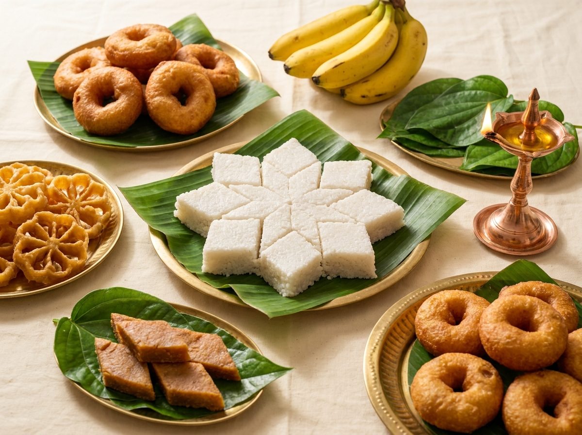 Table du Nouvel An cinghalais au Sri Lanka : kiribath en losanges et sucreries dorées kavum et kokis