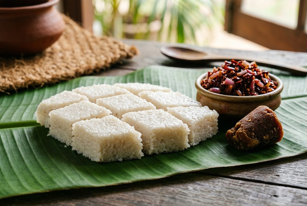 Kiribath coupé en losanges, riz au lait de coco sri lankais servi avec du lunu miris pour le Nouvel An