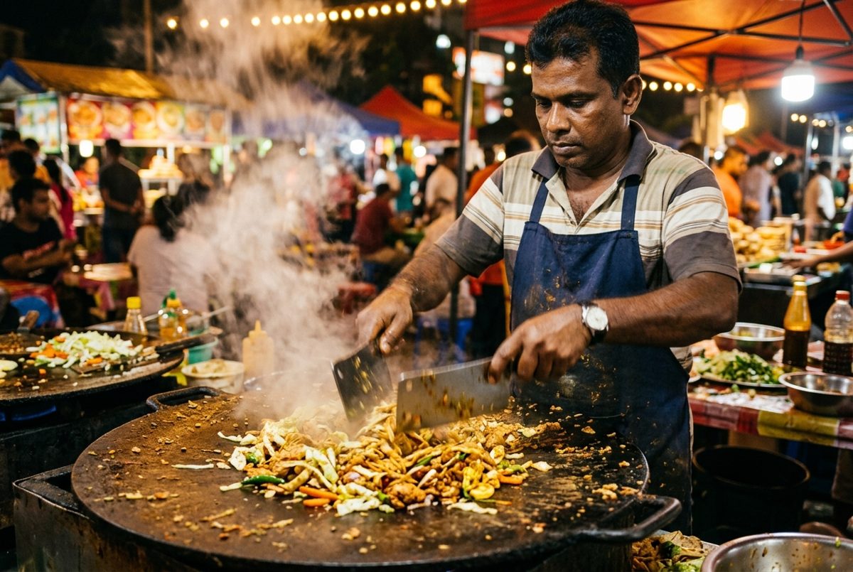 Préparation du kottu roti sur une plaque : roti émincé sauté avec légumes et épices, street food sri lankaise