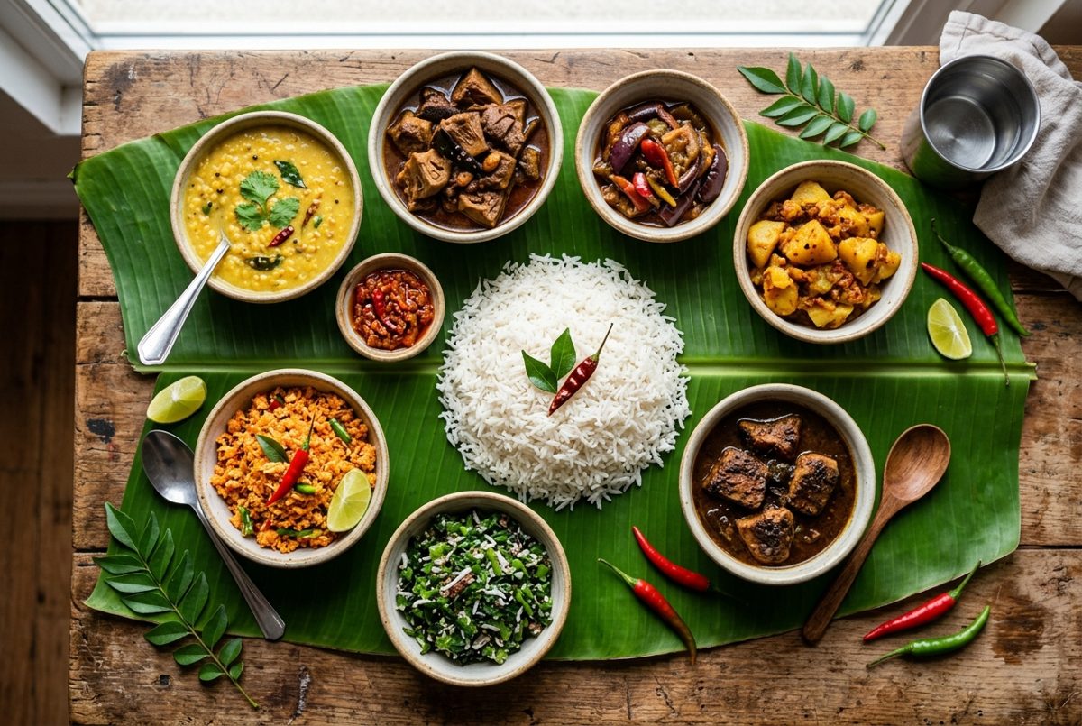 Rice and curry sri lankais : riz entouré de petits currys de légumes et de sambols servis sur une feuille de bananier