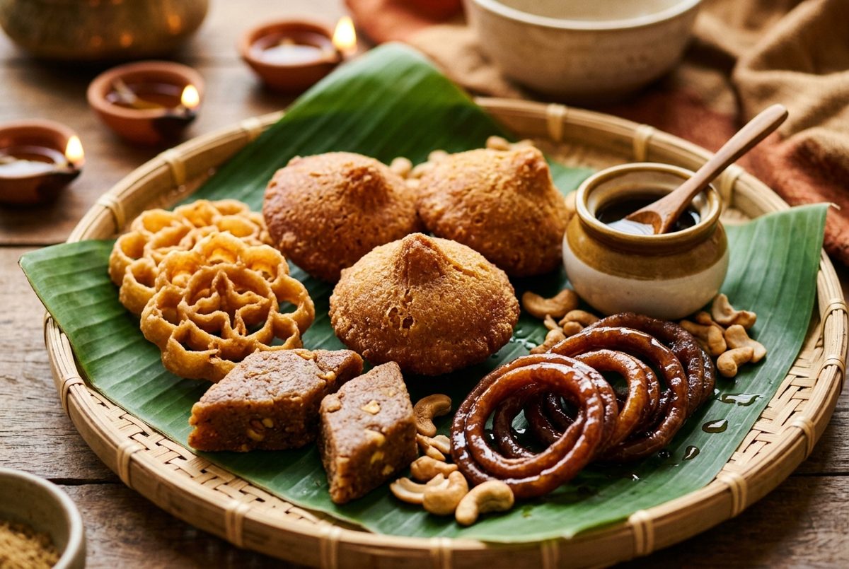 Table de sucreries du Nouvel An sri lankais : kavum, kokis, aluwa et autres douceurs frites sucrées au kithul