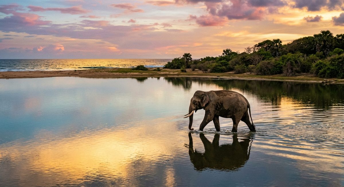 Éléphants du Sri Lanka au bord d'une lagune au coucher du soleil dans le parc de Yala