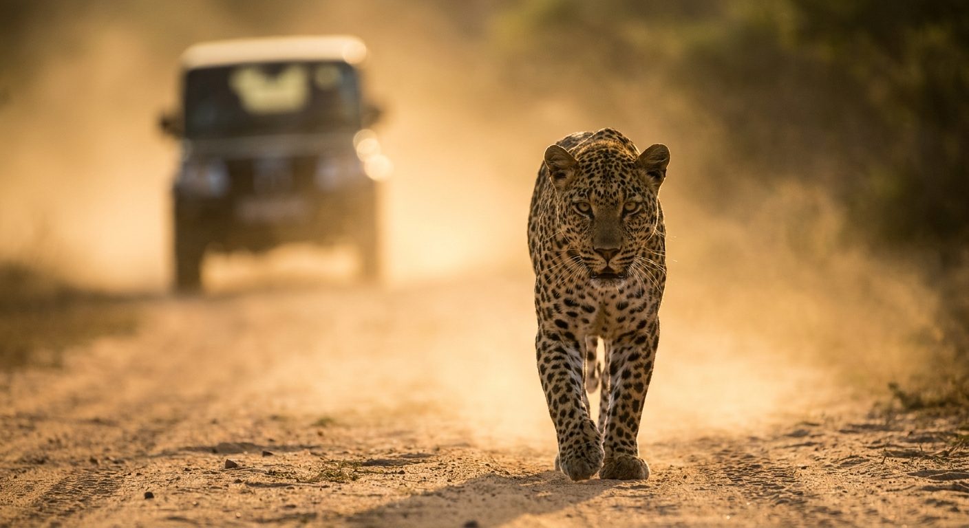 Léopard du Sri Lanka observé lors d'un safari en jeep au lever du soleil dans le parc national de Yala