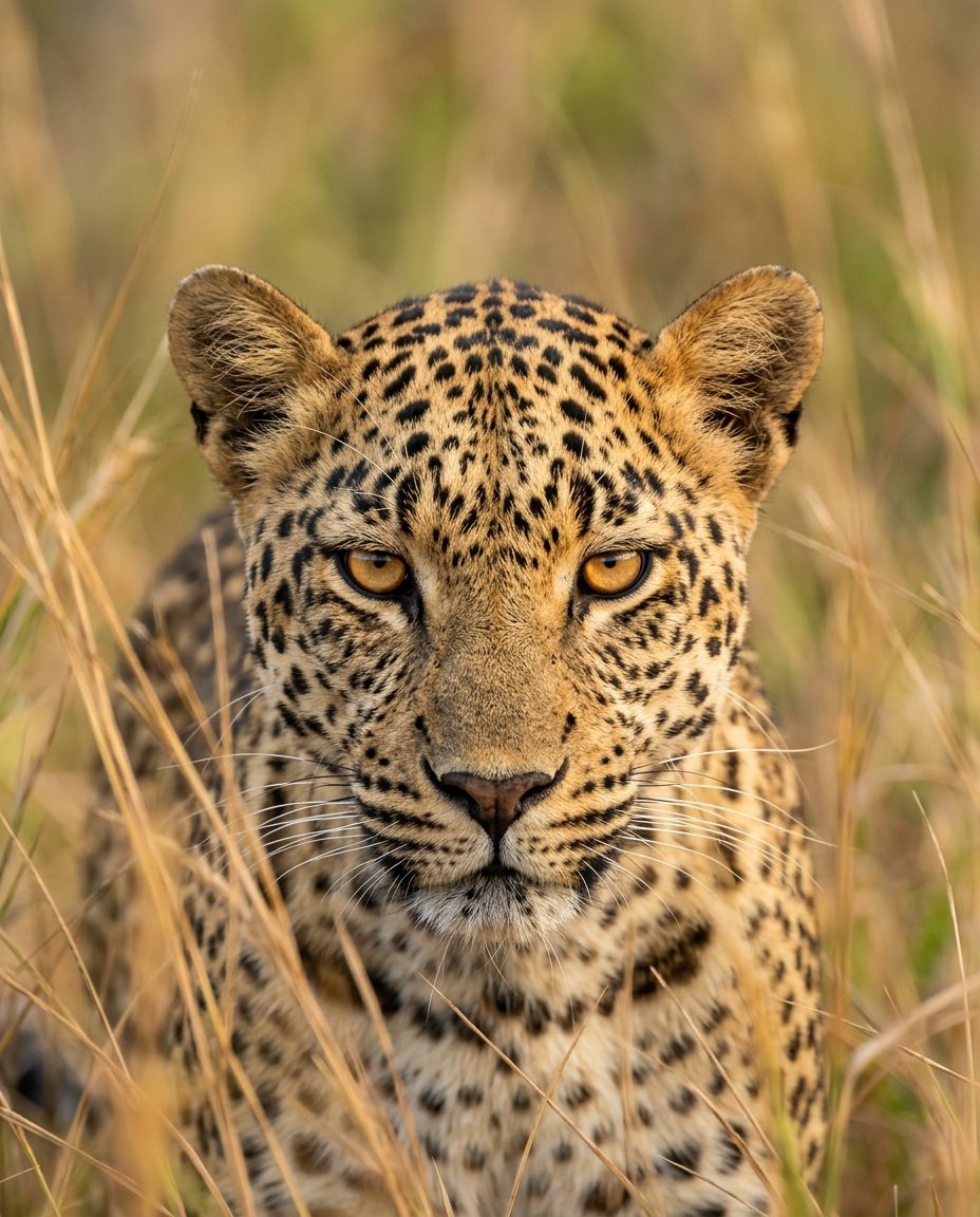 Gros plan d'un léopard du Sri Lanka au regard perçant dans les hautes herbes dorées du parc national de Yala