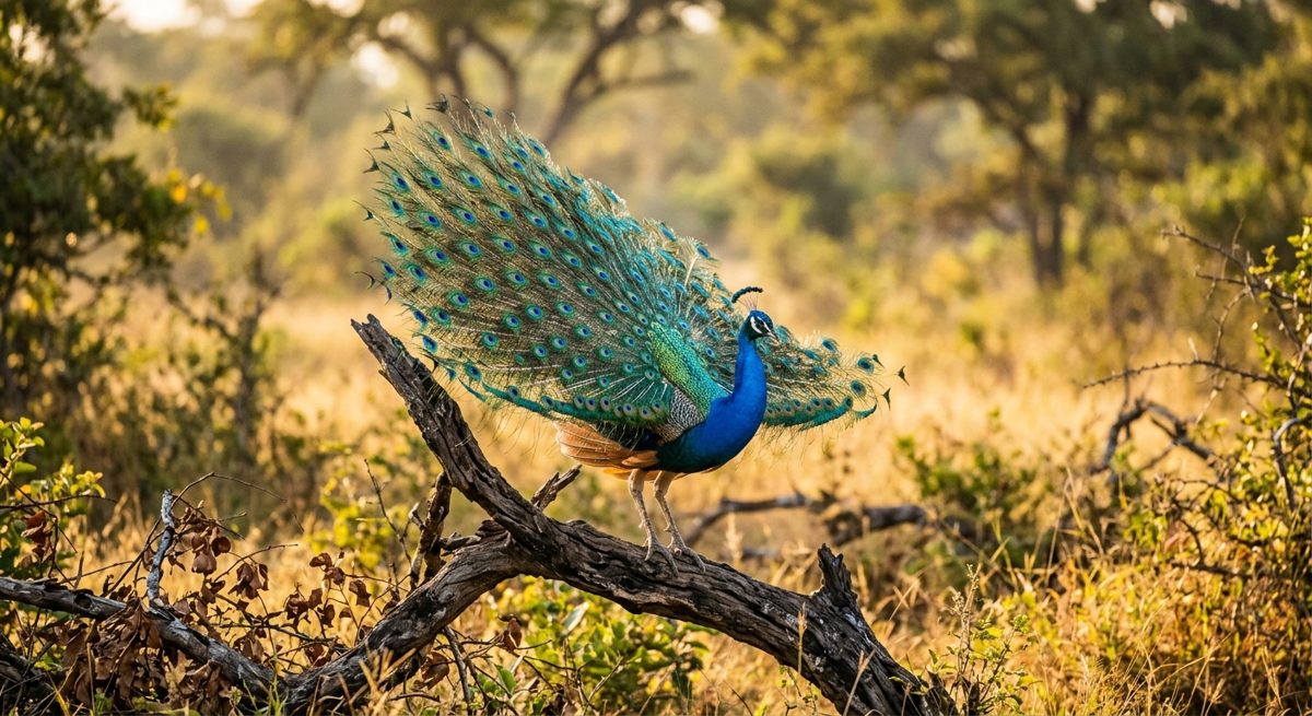 Paons et échassiers au bord d'une lagune du parc national de Yala