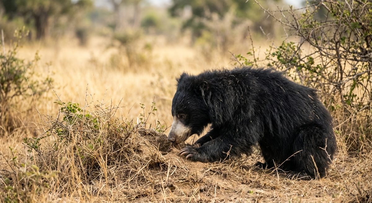 Ours lippu (sloth bear) cherchant sa nourriture au sol dans le parc national de Yala