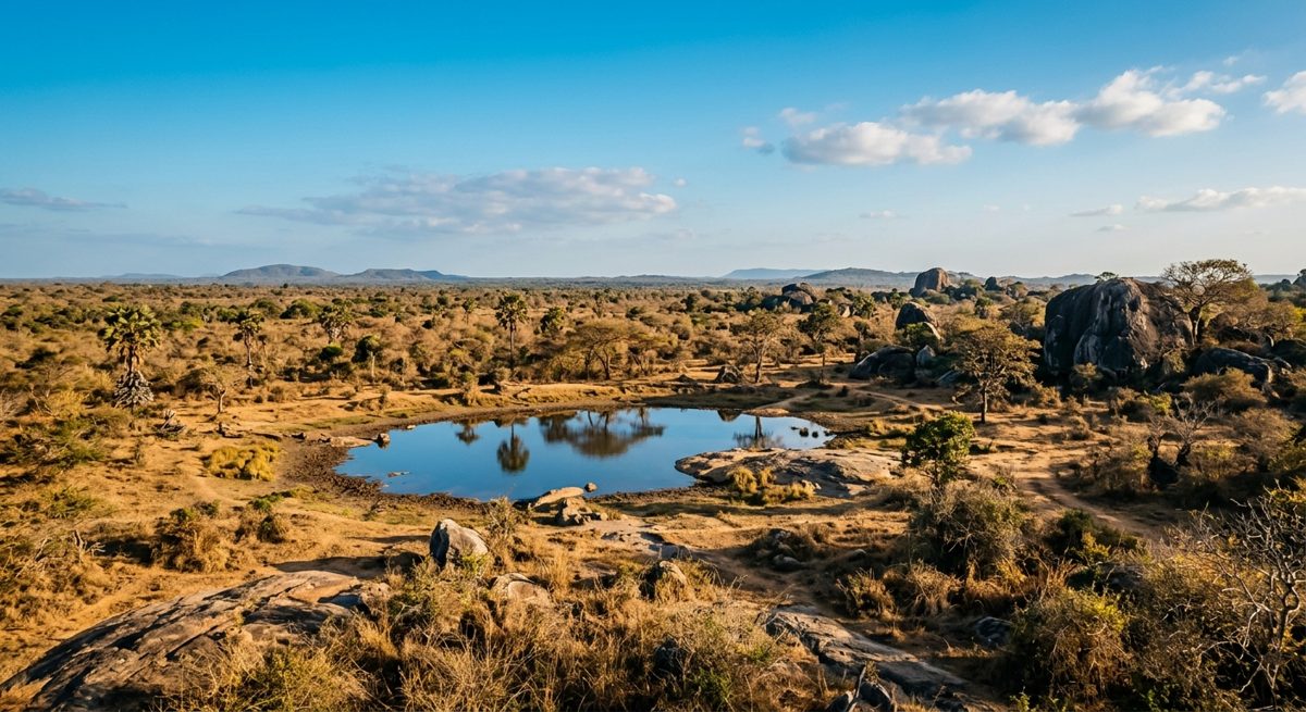 Paysage de broussaille sèche et lagune du parc national de Yala en saison sèche