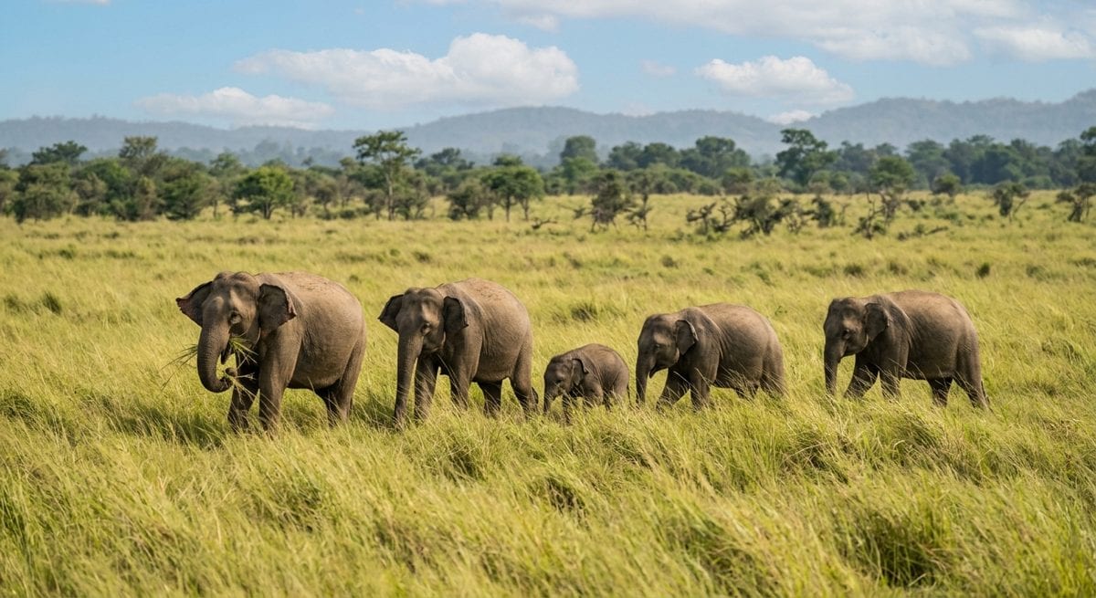 Groupe familial d'éléphants sauvages traversant une prairie d'herbes hautes dans un parc national du Sri Lanka, vus à distance