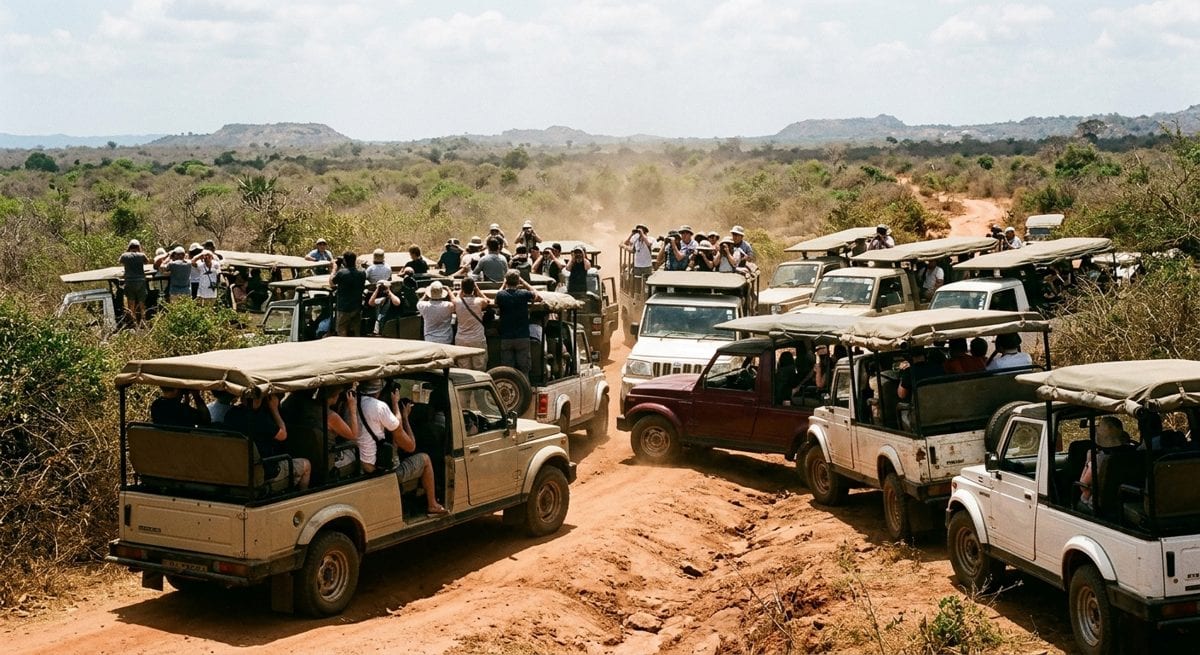 Une vingtaine de jeeps de safari agglutinées sur une piste étroite d'un parc national du Sri Lanka, passagers debout appareils tendus