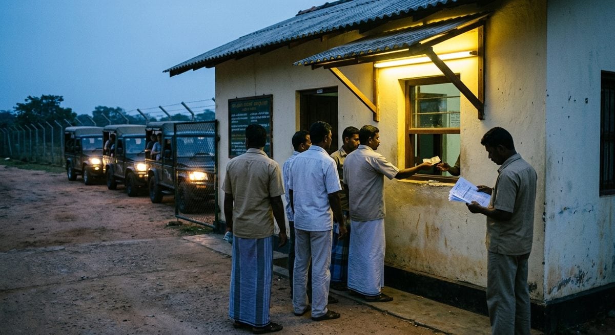 File de chauffeurs devant le guichet des permis d'un parc national du Sri Lanka au petit matin, jeeps de safari alignées derrière