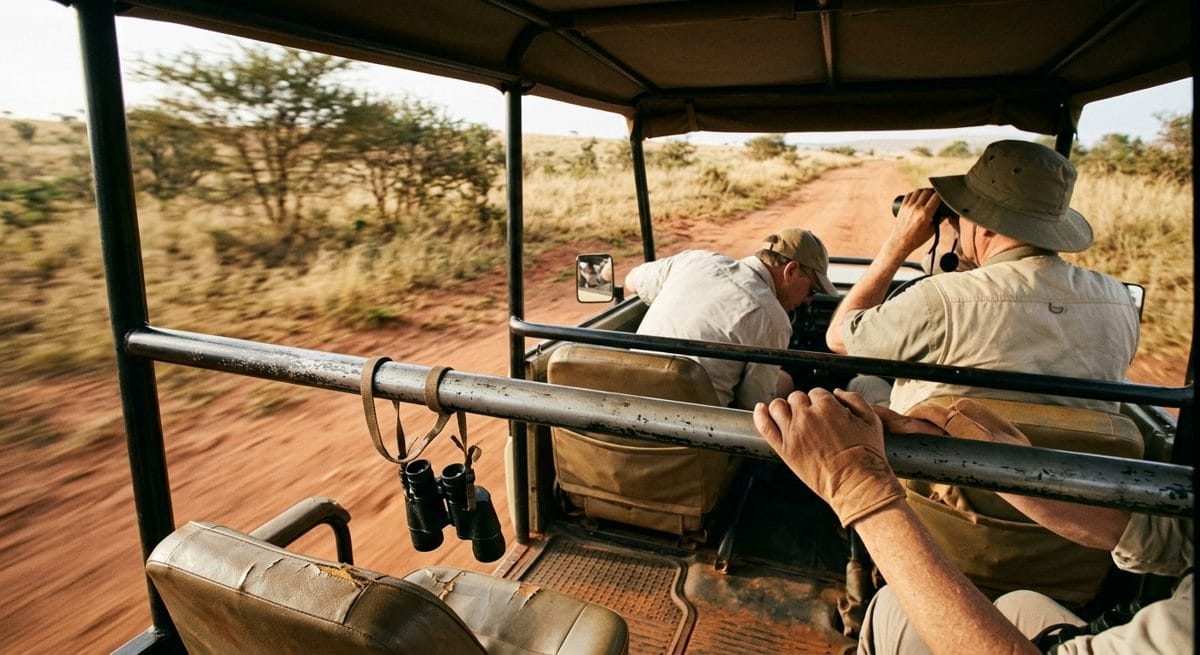 Vue depuis l'intérieur d'une jeep de safari en mouvement au Sri Lanka, passagers aux jumelles et piste de latérite qui défile