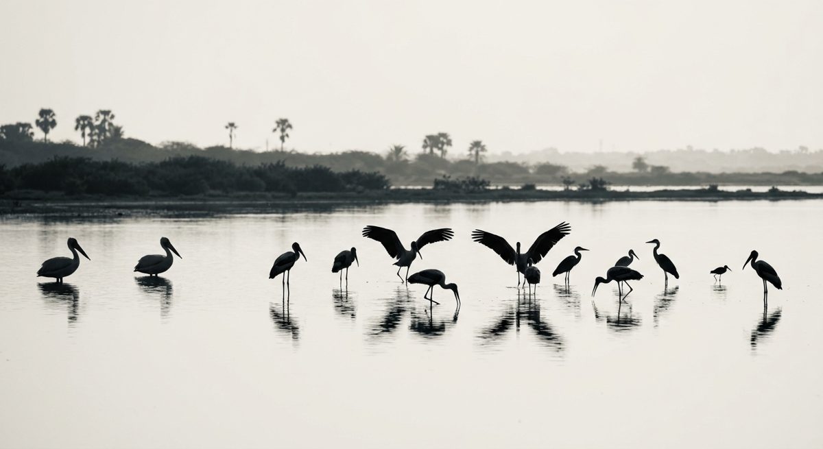Échassiers en silhouette dans une lagune côtière du sud-est du Sri Lanka au petit matin, à contre-jour, reflets sur l'eau lisse