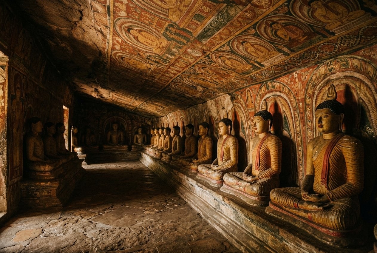 Statues alignées dans une grotte du temple de Dambulla