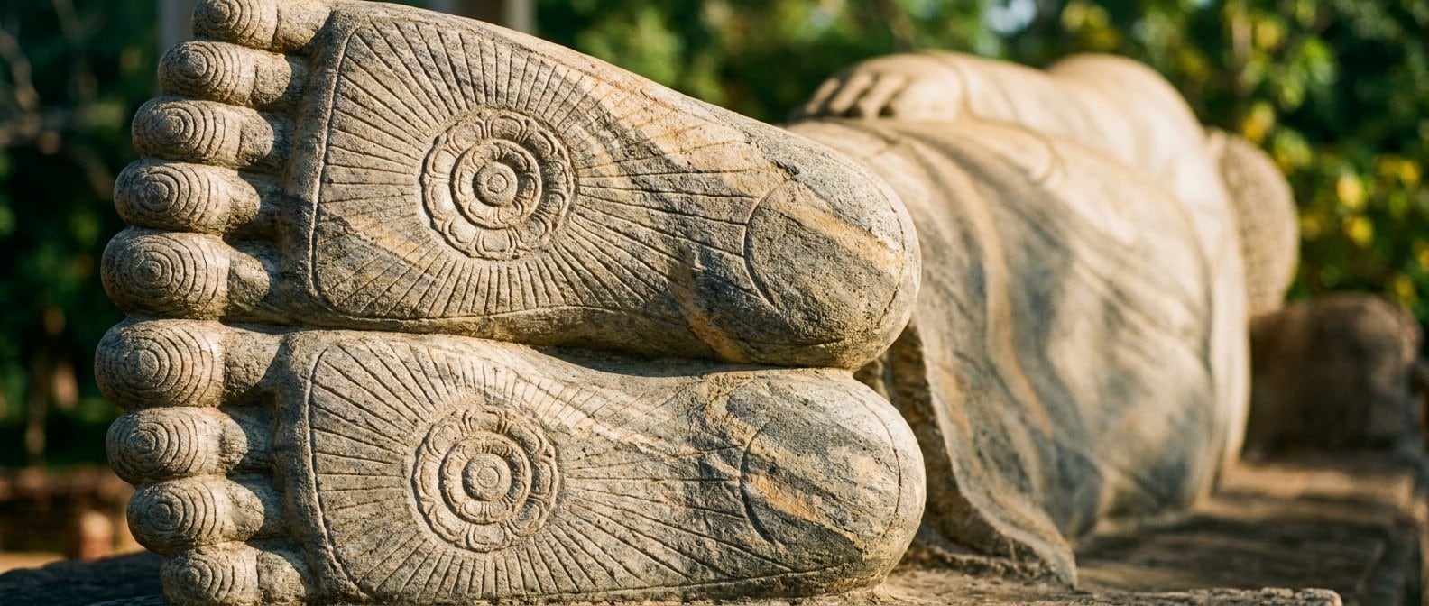 Les pieds superposés du Bouddha couché du Gal Vihara à Polonnaruwa