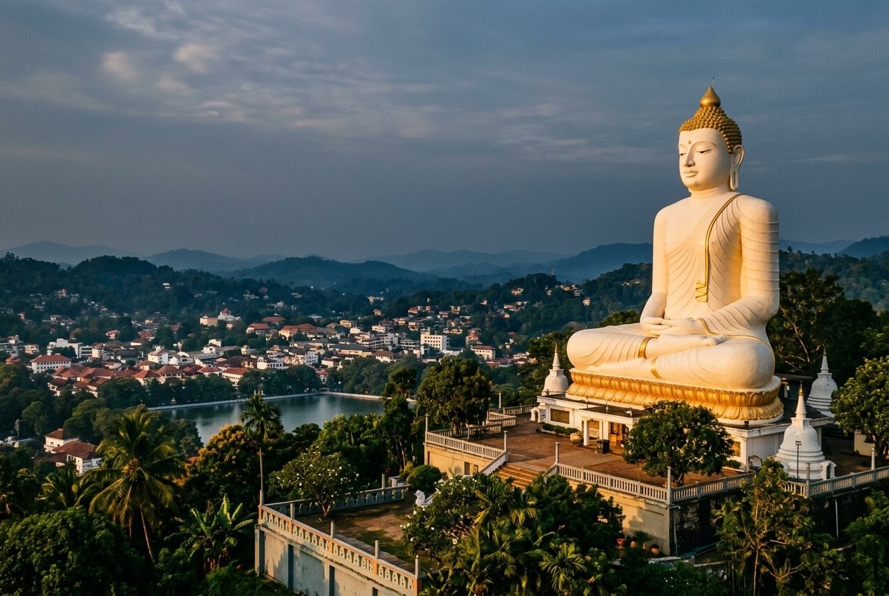 Statue moderne de Bouddha dominant Kandy depuis la colline de Bahirawakanda