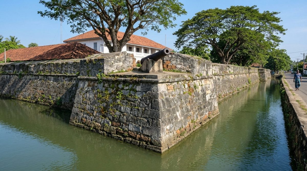 Rempart de pierre du fort hollandais de Batticaloa au bord de la lagune, un vieux canon posé sur le bastion, bâtiment administratif blanc derrière les murs