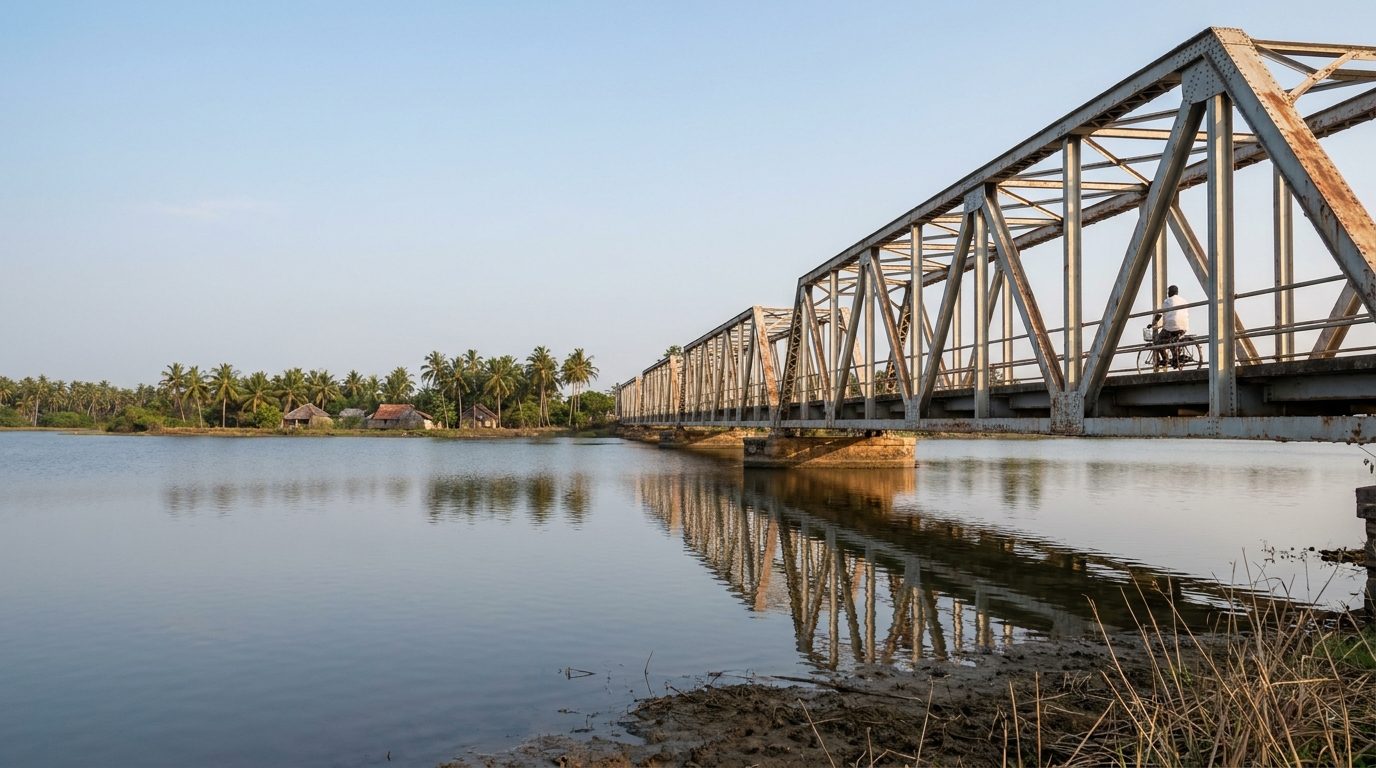 Le vieux pont métallique de Kallady enjambant la lagune de Batticaloa en fin d'après-midi, un cycliste sur le tablier, palmiers sur la rive opposée