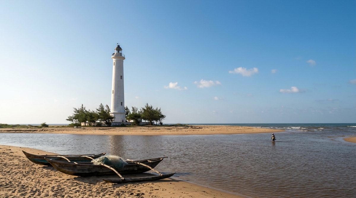 Le phare blanc de Batticaloa, haut de 28 mètres, à l’endroit où la lagune rejoint l’océan, deux pirogues à balancier tirées sur le sable