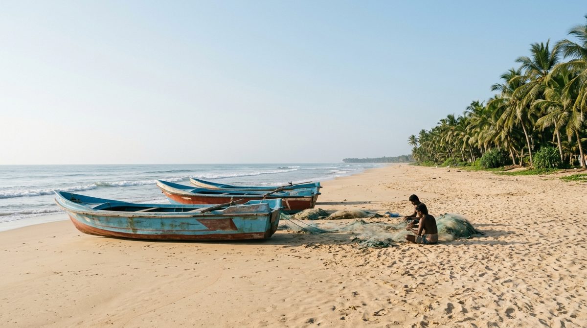 Plage de Kallady à Batticaloa en début de matinée : bateaux de pêche colorés tirés sur le sable, filets étalés, mer calme et aucun baigneur