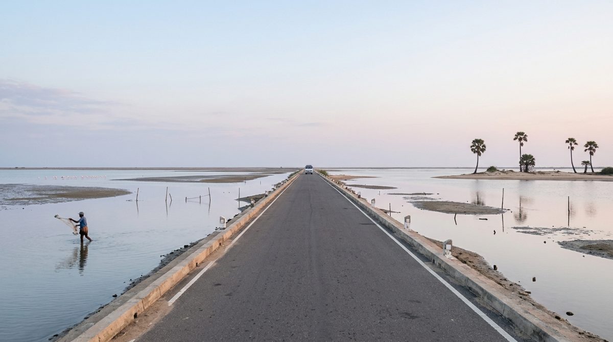 Longue chaussée rectiligne traversant une lagune peu profonde dans le nord du Sri Lanka, sous un grand ciel, avec un bus au loin