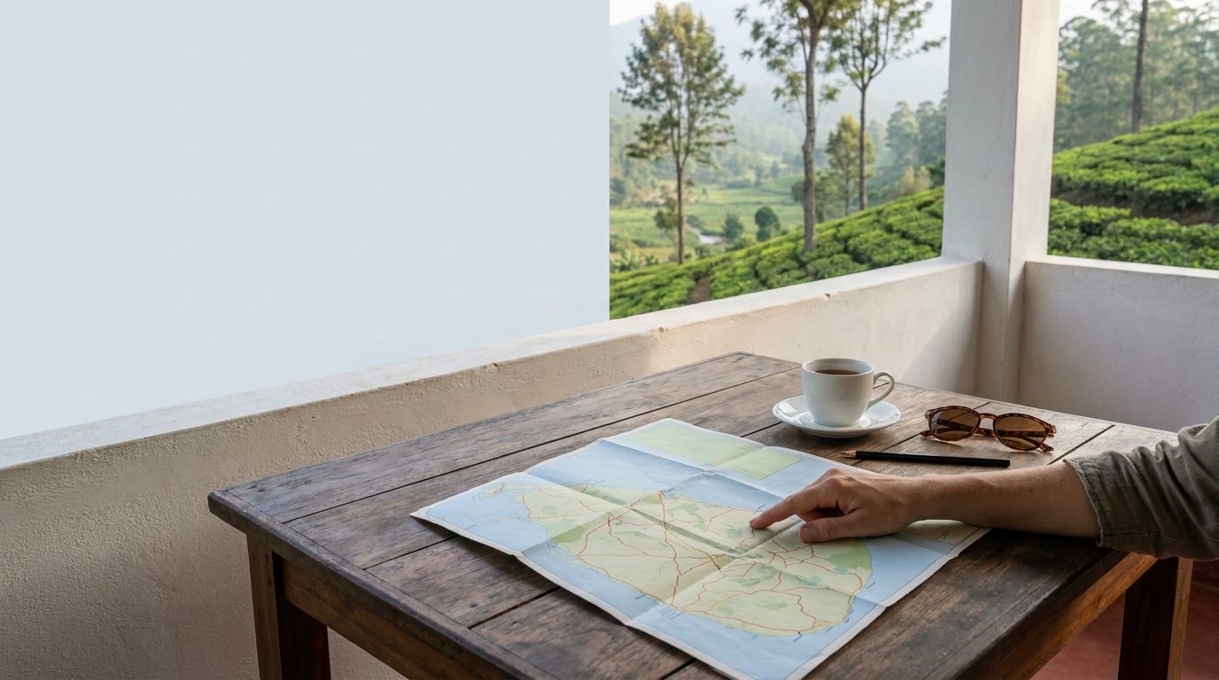 Carte papier du Sri Lanka dépliée sur la table en bois d'une véranda des hautes terres, à côté d'une tasse de thé, avec les collines de thé en arrière-plan