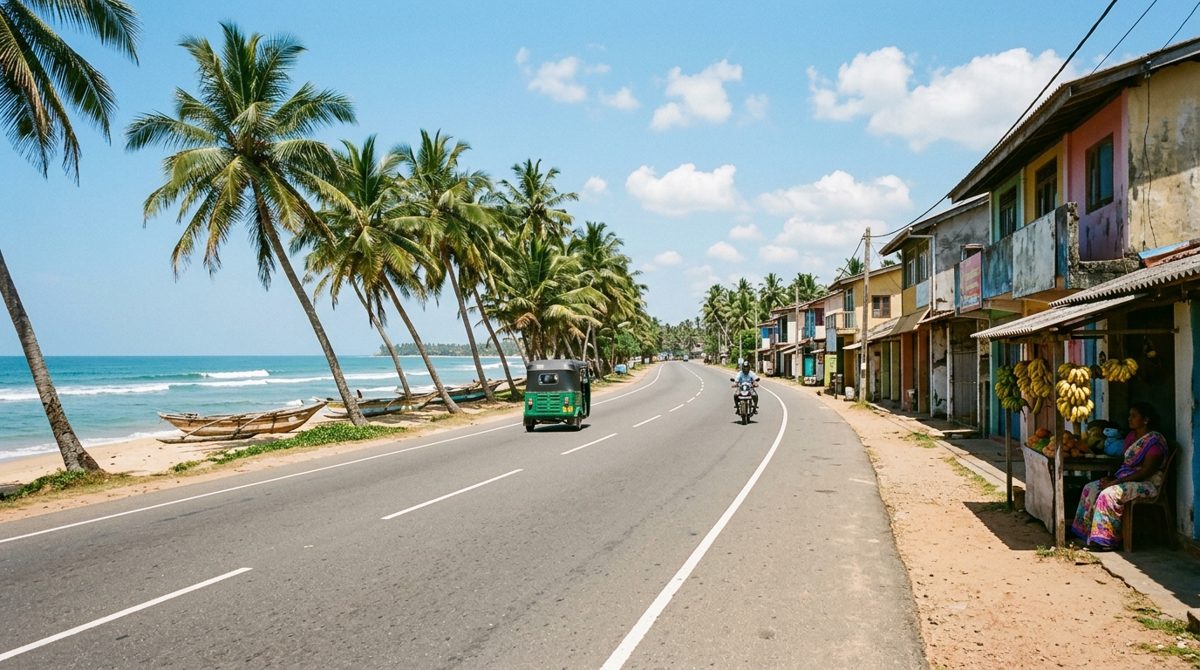 Route côtière du sud du Sri Lanka longeant une plage bordée de cocotiers, un tuk-tuk vert roulant sur l'asphalte entre la mer et les maisons basses