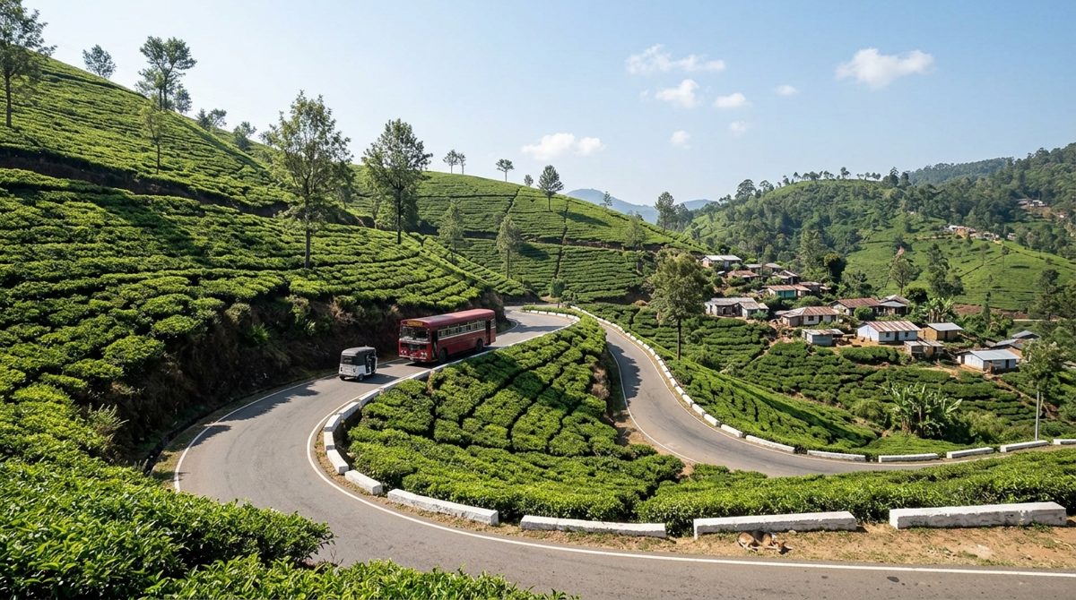 Route de montagne en lacets entre les théiers des hautes terres du Sri Lanka, avec un bus rouge qui monte lentement dans un virage