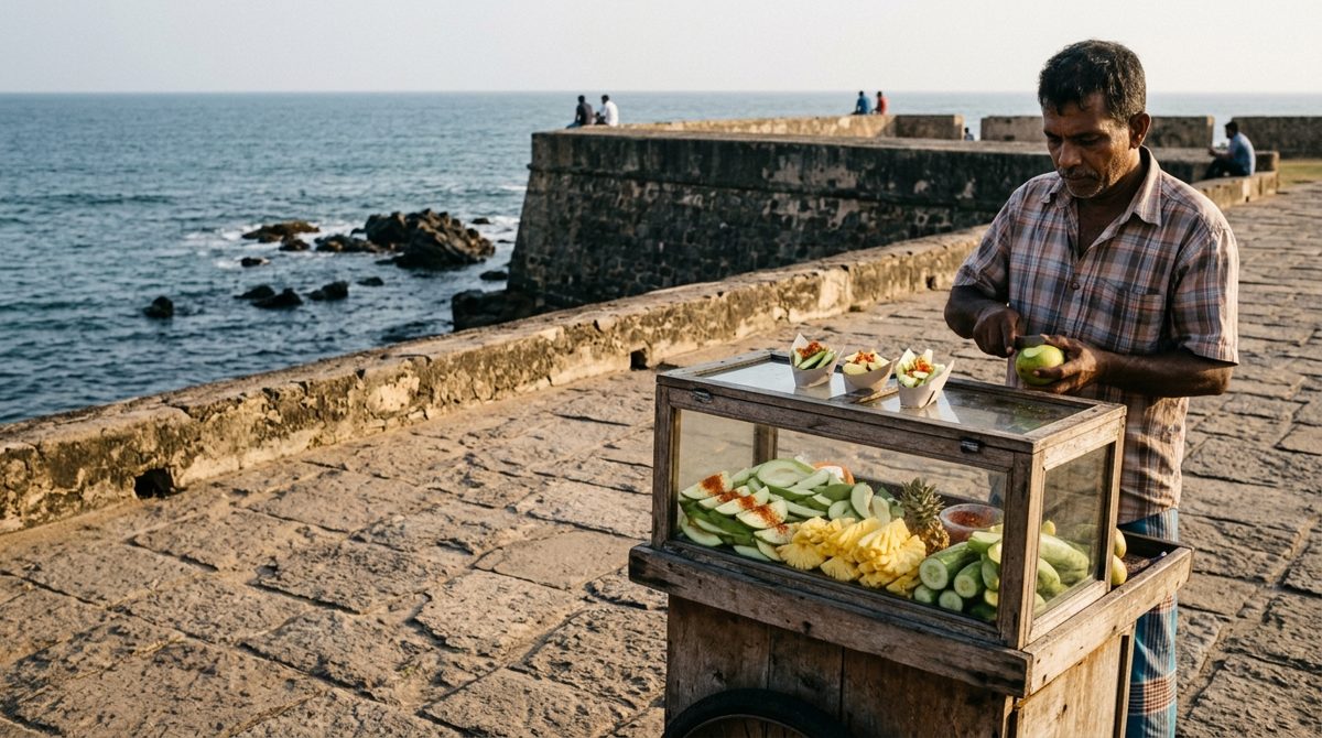 Charrette d’un vendeur de fruits épicés sur un bastion du fort de Galle en fin de journée : mangue et ananas tranchés saupoudrés de piment, la mer en contrebas
