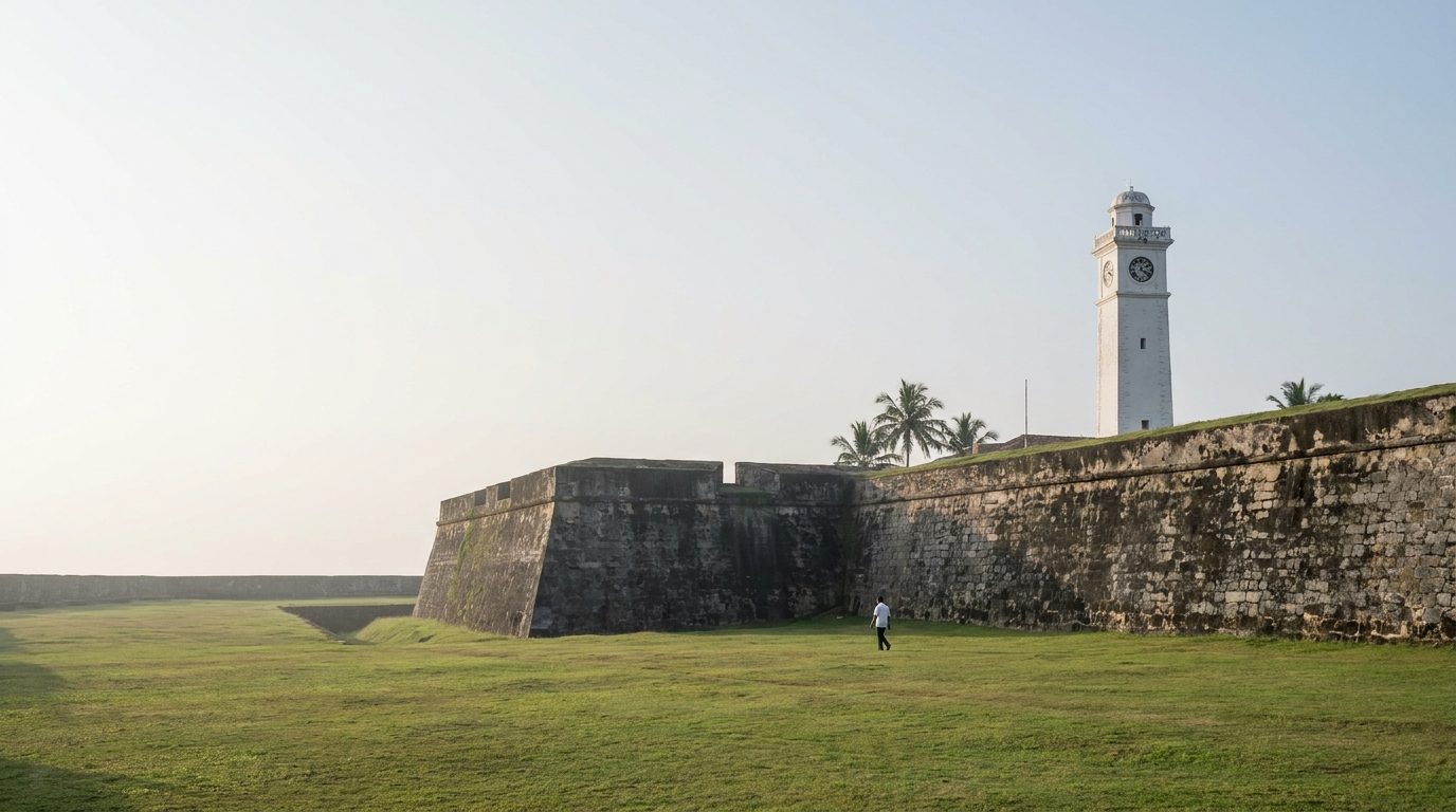 Le front nord du fort de Galle au petit matin : pelouse du glacis, fossé, bastions de pierre grise et tour de l’horloge blanche au-dessus du rempart