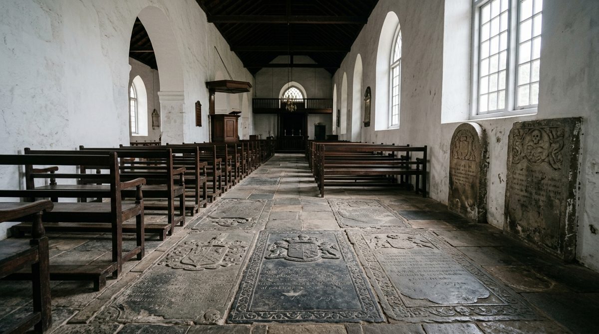 Dalles funéraires sculptées d’armoiries dans le sol d’une église coloniale blanchie à la chaux, bancs de bois et lumière d’une haute fenêtre