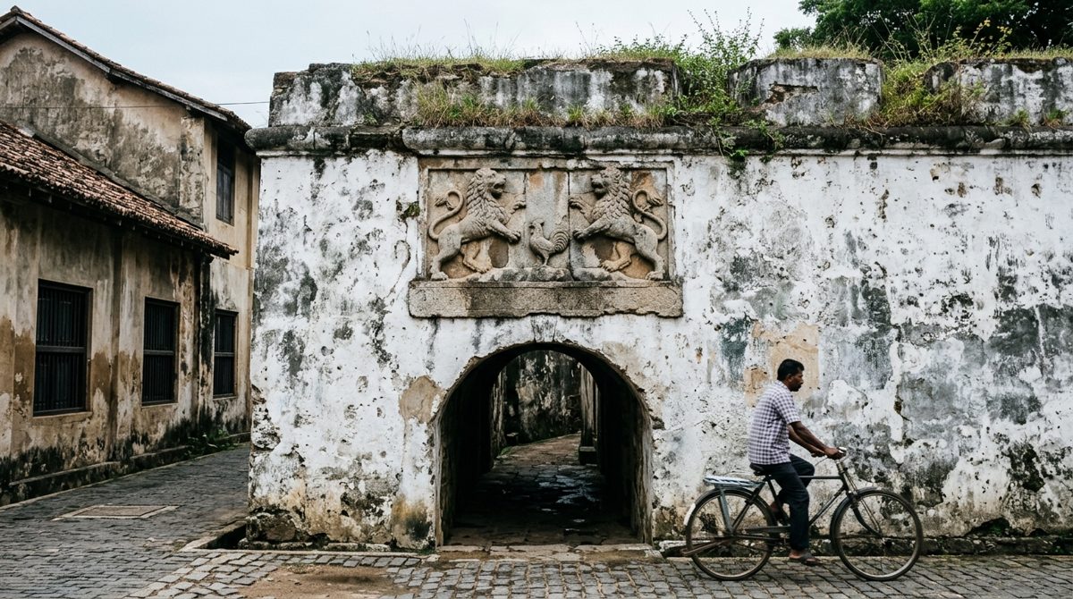 Fronton sculpté d’une vieille porte du fort de Galle côté ville : deux lions dressés encadrant un coq, au-dessus d’un passage voûté sombre