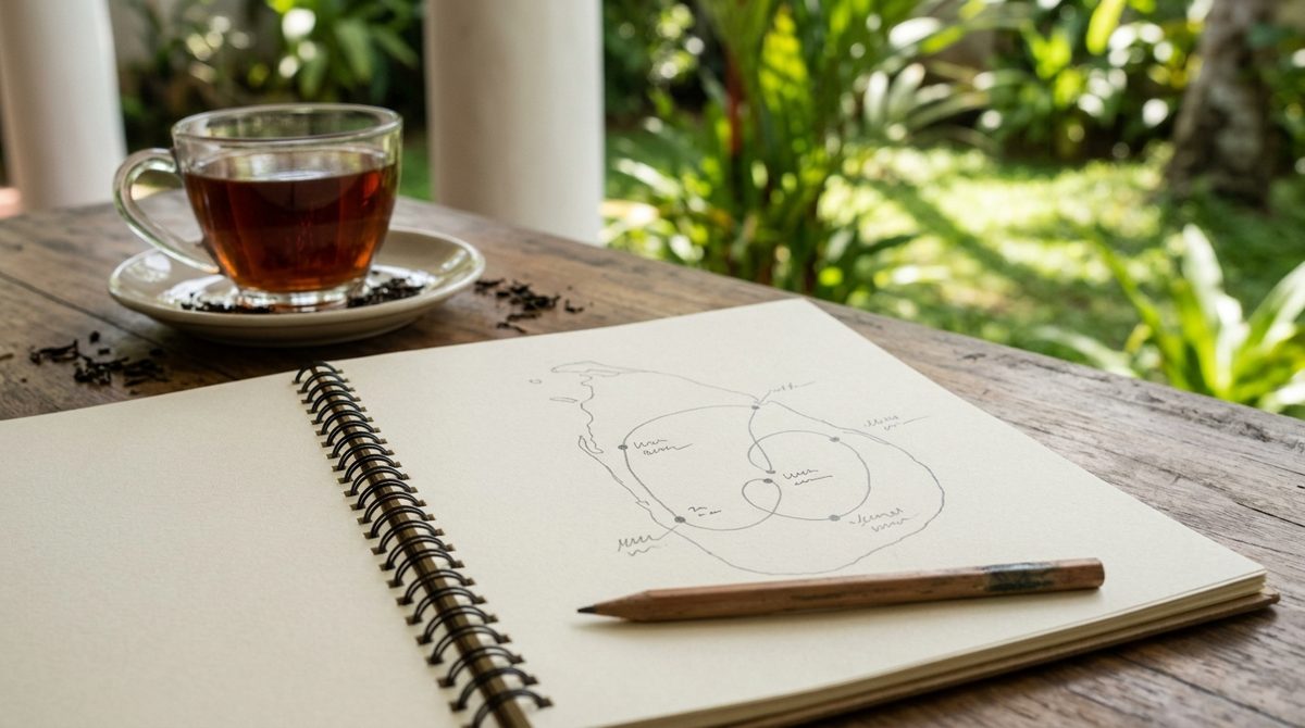 Carnet ouvert sur une table de véranda avec un tracé de route dessiné à la main et des étapes marquées de points, une tasse de thé et un crayon, jardin tropical flou derrière