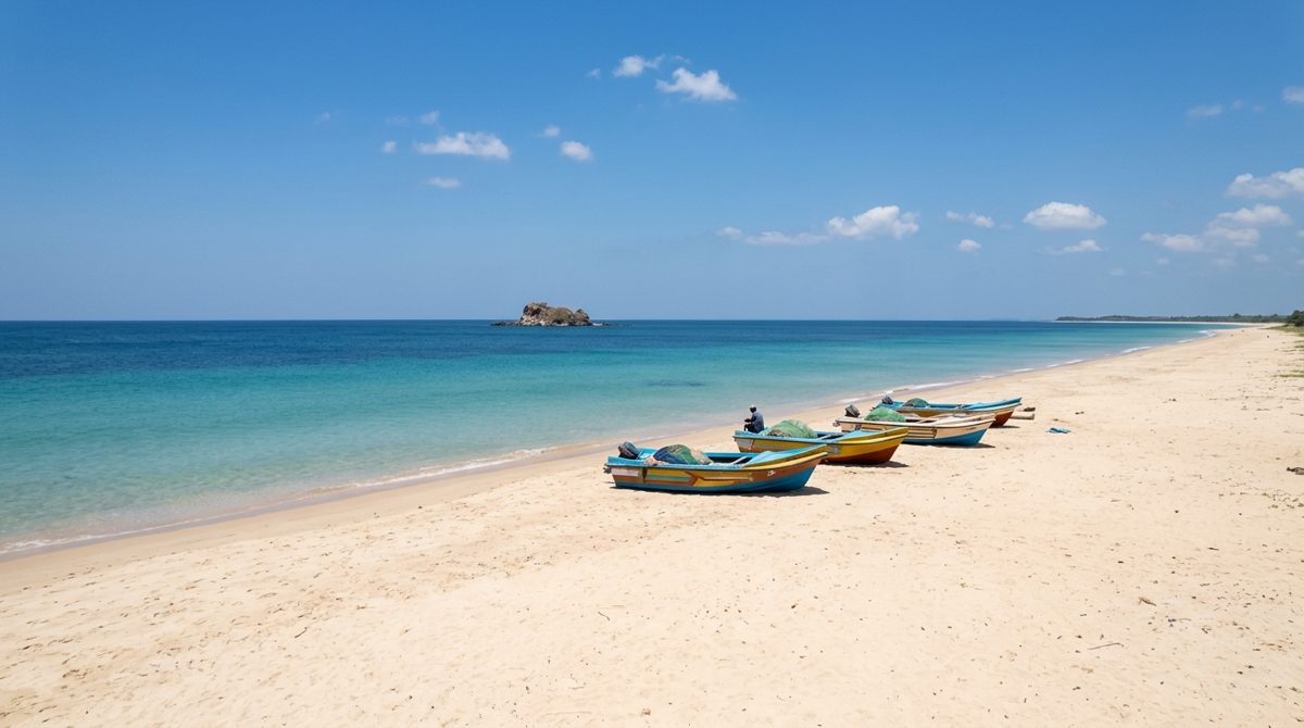 Plage de la côte nord-est près de Trincomalee en été, mer calme et transparente, bateaux de pêche colorés tirés sur le sable, personne dans l'eau