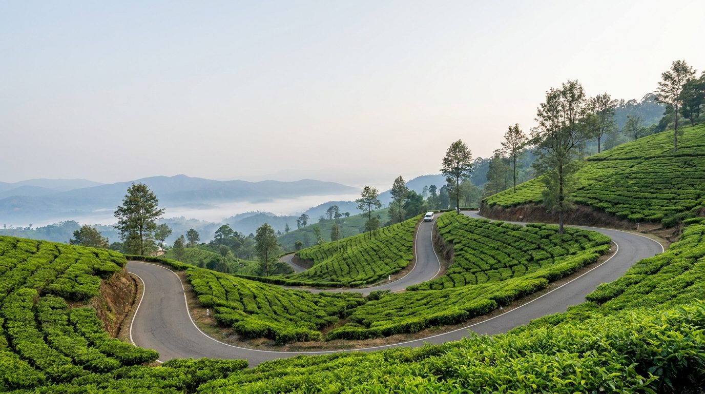 Route de montagne en lacets à travers les plantations de thé des hautes terres du Sri Lanka au petit matin, une camionnette blanche minuscule au loin, brume dans la vallée