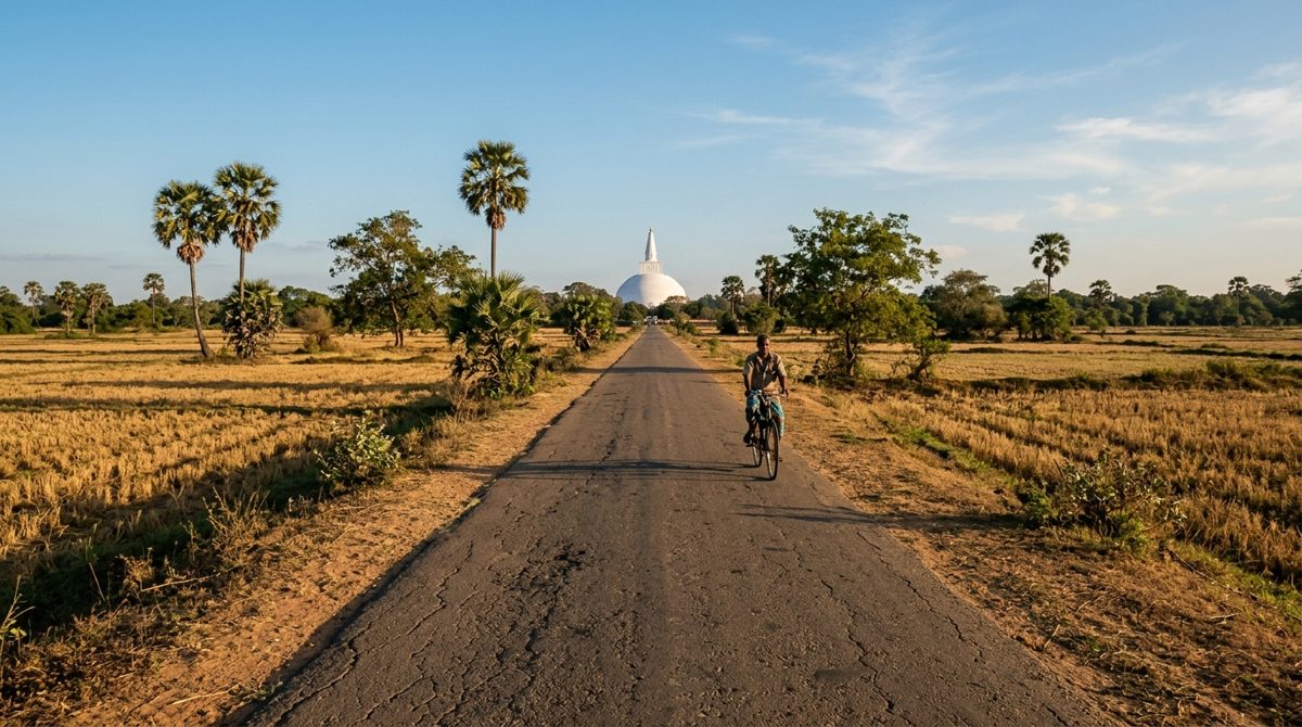 Route droite de la zone sèche près d'Anuradhapura en fin d'après-midi, rizières moissonnées de part et d'autre, un grand dagoba blanc à l'horizon et un cycliste local qui vient vers l'objectif