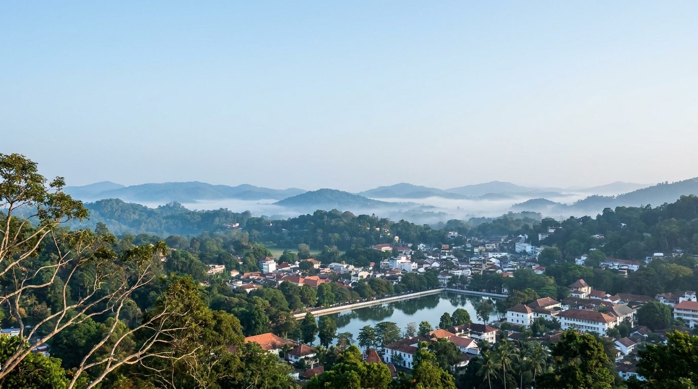 Kandy au petit matin vue depuis une colline : la ville blottie dans une cuvette de collines boisées, le lac en contrebas, des bancs de brume accrochés aux crêtes