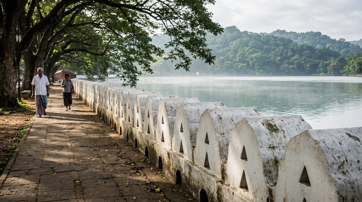 Le parapet blanc à festons qui borde le lac de Kandy, un matin : deux habitants marchent sur l’allée ombragée, l’eau calme et les collines en arrière-plan