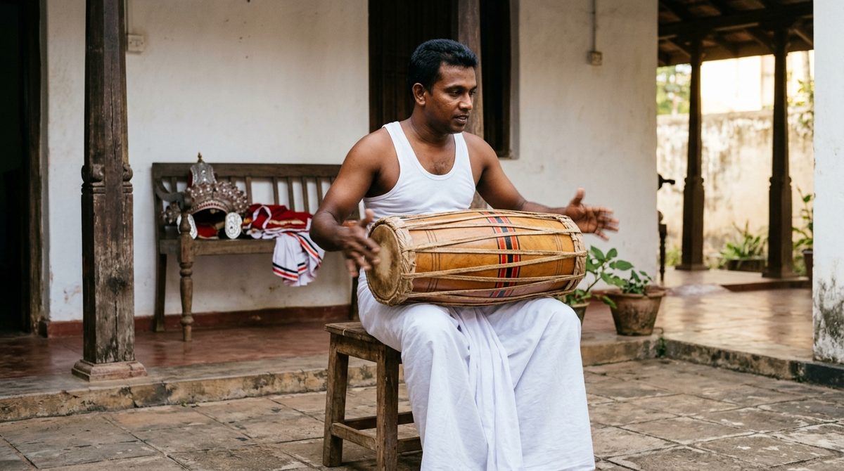 Un batteur en sarong blanc répète sur un tambour à deux peaux dans la cour d’une école de danse, coiffe argentée et costume rouge et blanc posés sur un banc derrière lui