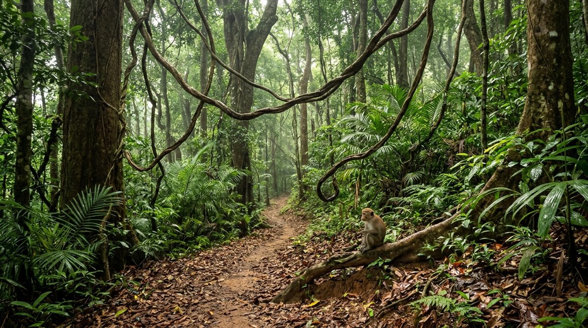 Sentier de la forêt d’Udawattakele à Kandy : grands arbres couverts de lianes épaisses, sol de feuilles, un macaque assis sur une racine