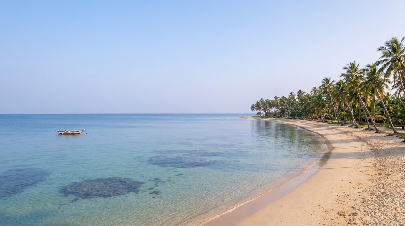 La baie de Passikudah au petit matin : eau très claire et peu profonde sur des centaines de mètres, sable pâle visible sous la surface, cocotiers le long de la courbe de la plage, personne dans l'eau