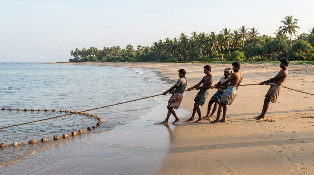 Pêcheurs tirant une grande senne de plage à l’aube sur la plage de Kalkudah, la corde tendue vers la mer, cocotiers en arrière-plan