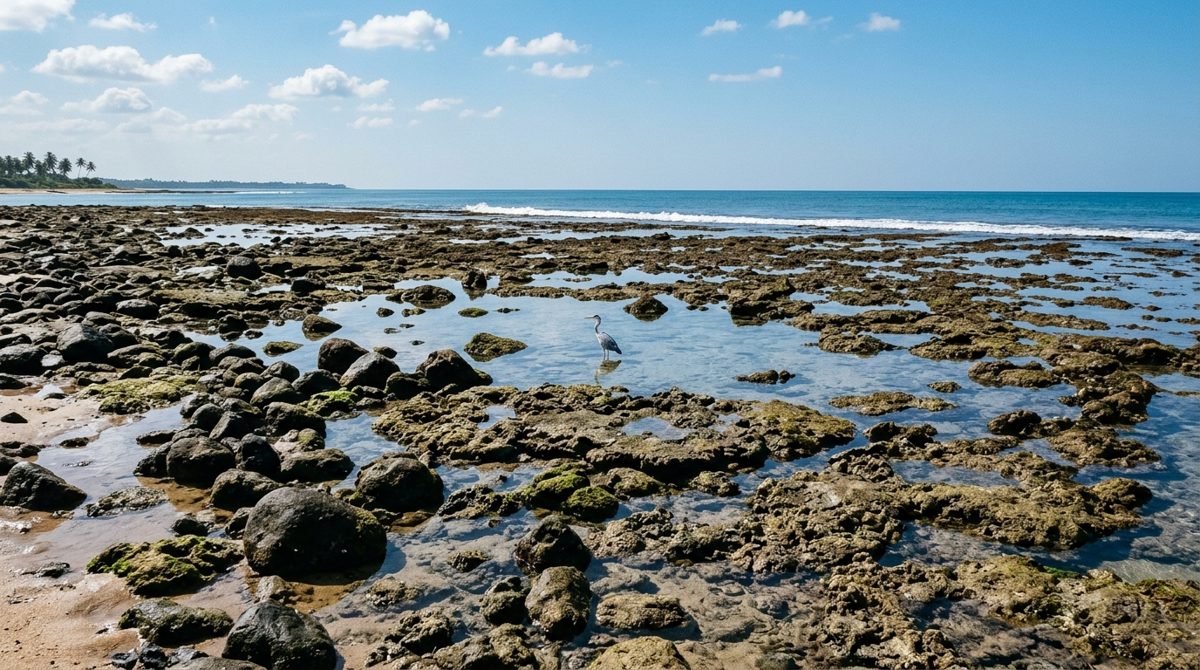 Platier rocheux et corallien découvert à marée basse au bord de la baie de Passikudah, flaques d’eau claire, un héron gris immobile, la mer calme au loin