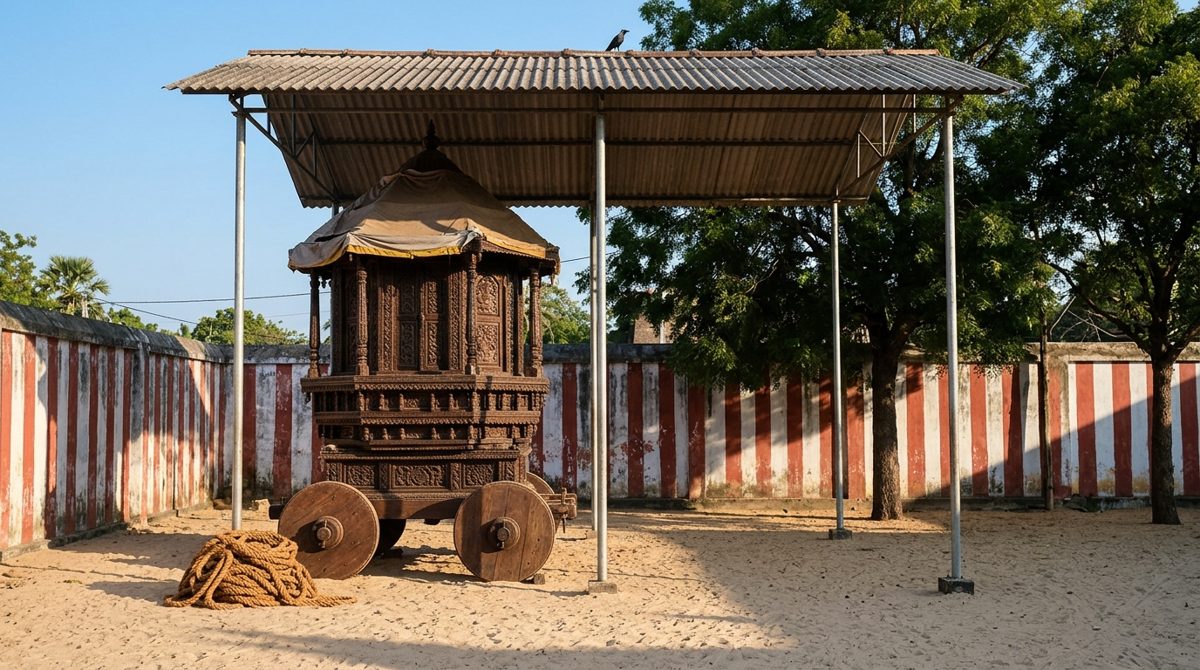 Char processionnel en bois sculpté d'un temple hindou du nord du Sri Lanka, garé sous son abri de tôle le long d'un mur rayé rouge et blanc, cour de sable vide en fin d'après-midi